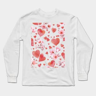 Hearts and Cherry blossom flowers watercolor print. Pink romantic valentine composition. Spring Sakura blossom Long Sleeve T-Shirt